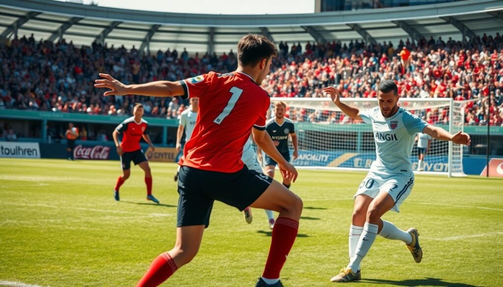 A dynamic soccer scene showcasing a defensive strategy in action, illustrating players reading an offside trap. In the foreground, two players in professional soccer kits—one a striker poised to run, the other a defender sharply focused on the opposing team's movements. In the middle ground, a group of players are engaging, with some in action and others observing the play with tensed expressions. The background features a vividly detailed soccer field, complete with goal posts and a cheering crowd in the distance. The lighting is bright and natural, suggesting a sunny day, with shadows adding depth. The camera angle is slightly low, emphasizing the intensity of the players' movements, creating a sense of urgency and tactical awareness in the atmosphere.