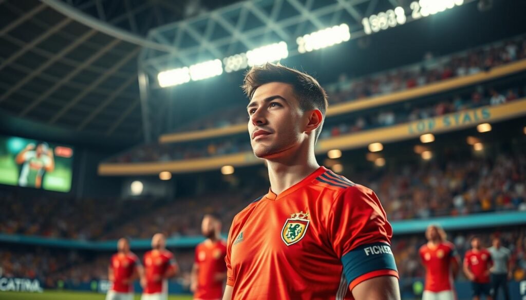 A professional soccer player standing proudly in a dynamic pose, showcasing determination and leadership. He is dressed in an elegant national team jersey, with a captain's armband clearly visible. The foreground captures his confident expression, eyes focused on the horizon, symbolizing ambition and resilience. In the middle ground, blurred teammates can be seen in matching uniforms, engaged in practice, highlighting teamwork and unity. The background features a vibrant stadium filled with cheering fans, under bright stadium lights that create an uplifting atmosphere. The image is captured from a low-angle perspective, emphasizing the player's stature and presence. The lighting is warm and inviting, casting soft shadows, enhancing the overall mood of determination and motivation.